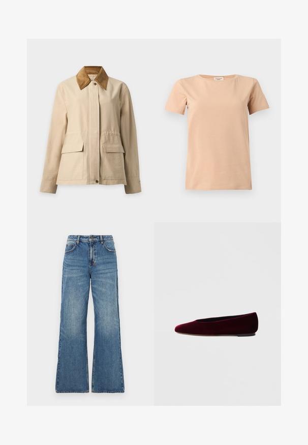 Beige Jacke mit braunem Cordkragen, vorderen Druckknöpfen, langen Ärmeln und zwei großen vorderen Klappentaschen.; Beiges T-Shirt mit kurzen Ärmeln und Rundhalsausschnitt sowie geradem Saum auf einfarbigem hellgrauem Hintergrund.; Helle blaue Jeans mit hoher Taille, weitem, ausladendem Bein und klassischem Fünf-Taschen-Design. Ausgewaschene Textur mit sichtbaren Nähdetails.; Bordeauxrote Ballettschuhe aus Samt mit abgerundeter Spitze und niedrigem Absatz, mit glatter Textur und elegantem Design.