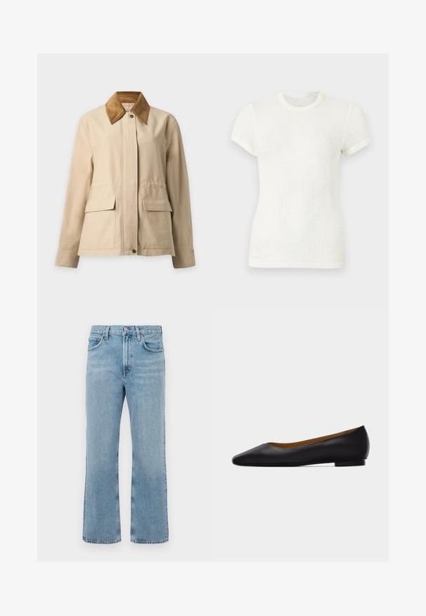 Beige Jacke mit braunem Cordkragen, vorderen Druckknöpfen, langen Ärmeln und zwei großen vorderen Klappentaschen.; Weißes, kurzärmeliges, geripptes Strick-T-Shirt mit rundem Ausschnitt und leicht aufgepufften Ärmeln.; Hellblaue Denim-Jeans mit geradem Bein, hoher Taille, sichtbaren Nähten und einem leichten Verblassungsmuster. Keine Verzierungen oder Metallteile.; Schwarzer flacher Schuh aus Leder mit spitz zulaufender Vorderkappe, niedrigem Absatz und glatter Oberfläche, von der Seite vor einem hellgrauen Hintergrund dargestellt.