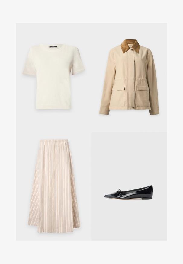 Veste beige avec col en velours côtelé marron, boutons-pression à l'avant, manches longues et deux grandes poches à rabat à l'avant.; Pull en maille crème à manches courtes avec encolure ronde et finitions côtelées, présenté sur un fond clair uni.; Jupe beige en ligne A avec des rayures verticales blanches, taille élastique et longueur genou à mi-mollet.; Chaussure plate en cuir verni noir avec un bout pointu, une petite lanière décorative et un petit talon carré. Texture lisse et design épuré.