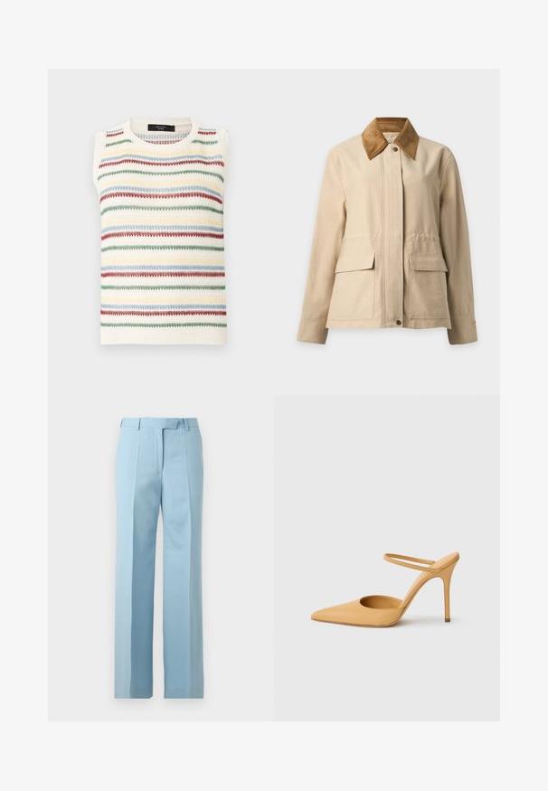 Veste beige avec col en velours côtelé marron, boutons-pression à l'avant, manches longues et deux grandes poches à rabat à l'avant.; Gilet en tricot sans manches couleur crème avec des rayures horizontales aux motifs texturés verts, bleus, rouges et jaunes sur un fond clair.; Pantalon bleu clair sur mesure avec taille haute, passants de ceinture, plis devant et coupe droite sur fond blanc.; Chaussure à talon aiguille beige à bout pointu avec une fine bride de cheville sur fond blanc.