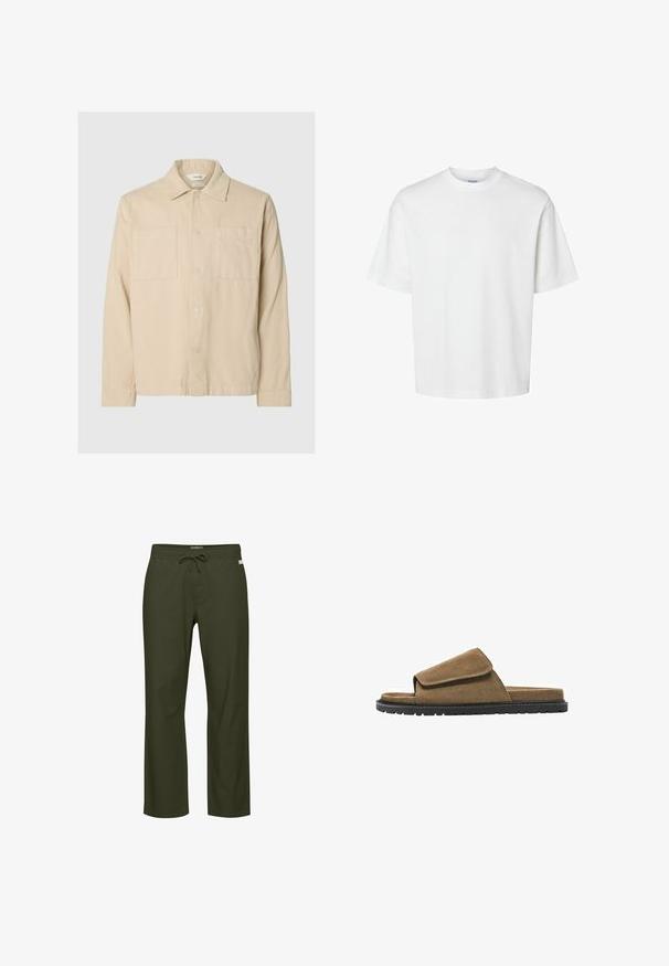 Beige Corduroy-Hemdjacke mit langen Ärmeln, zwei Brusttaschen, Knopfverschluss und klassischem Kragen auf hellgrauem Hintergrund.; Schlichtes weißes T-Shirt mit kurzen Ärmeln, Rundhalsausschnitt und lockerem Schnitt, abgebildet auf weißem Hintergrund.; Olivegrüne Hose mit Kordelzugbund, geradem Bein, weicher Stoffstruktur und einem dezenten Logotag vorne.; Braune Wildleder-Slide-Sandale mit breitem Klettverschluss und schwarzer Gummisohle, Seitenansicht auf weißem Hintergrund.
