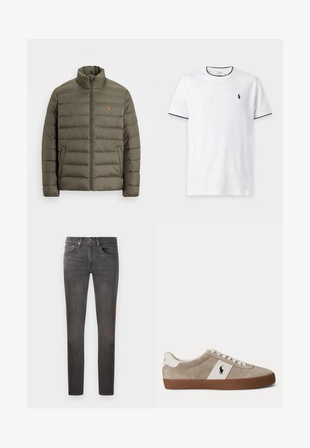 Chaqueta acolchada verde oliva, con cremallera frontal, cuello alto, patrón de acolchado horizontal, bolsillo en el lado izquierdo, pequeño logo naranja en el pecho.; Camiseta blanca de manga corta con ribete negro en el cuello y las mangas, con un pequeño logo negro de Polo Ralph Lauren en el pecho izquierdo.; Jeans de mezclilla gris oscuro con un corte clásico, diseño de cinco bolsillos y un sutil efecto de desgaste, con cierre de botón y cremallera.; Zapatilla beige de ante con corte bajo, cordones blancos, detalle de piel blanca con logo de caballo negro y suela de goma marrón.