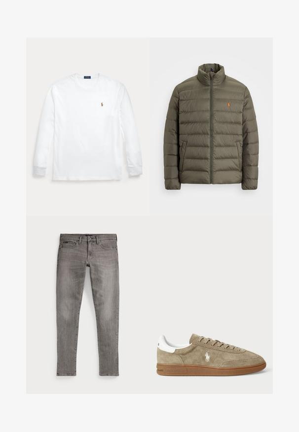 Olivgrüne Pufferjacke, Reißverschluss vorne, hoher Kragen, horizontales Steppmuster, Taschen auf der linken Seite, kleines oranges Logo auf der Brust.; Weißes Langarmshirt mit Rundhalsausschnitt und kleinem besticktem Polo Ralph Lauren-Logo auf der linken Brust.; Graue Denim-Jeans, Slim-Fit, mit geraden Beinen. Verfügt über das klassische Fünf-Taschen-Design, Nähdetails und eine leicht verblichene Textur.; Wildledersneaker in Beige mit weißen Akzenten, runder Zehenform und Schnürdesign. Mit eingeprägtem Logo und Gummisohle für besseren Halt.