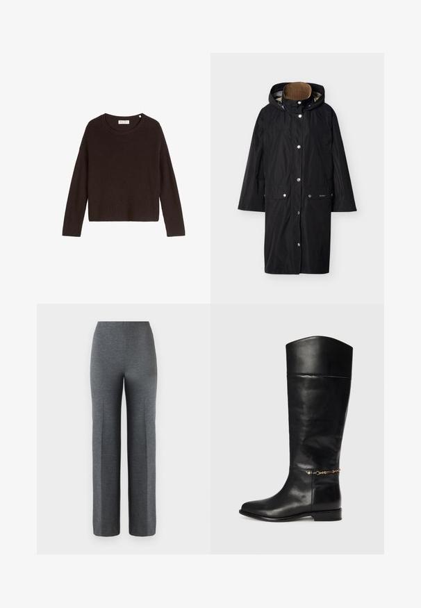 Imperméable long noir à capuche avec boutons-pression, poches avant, et une doublure beige à l'intérieur du col, étalé à plat sur un fond clair.; Pull en tricot noir à côtes avec un col arrondi et des manches longues. Présente une coupe ample et une surface texturée. Marque : Mare O'Polo.; Pantalons larges gris en tissu doux et texturé. Présentent une taille haute et aucun matériel ou embellissement visible.; Botte en cuir noir montant jusqu'au genou avec un design droit, un bout rond, un petit talon et un accent en chaîne dorée près de la cheville. Texture lisse.