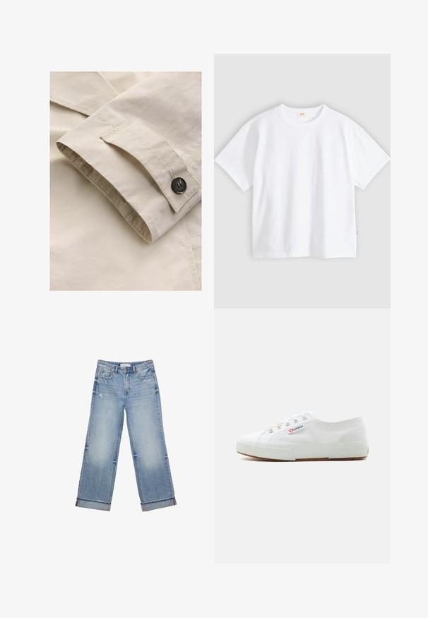 Lys beige stof med en glat tekstur. Har en ombukket manchet med en knap og kontrastsyning, der forbedrer designets detaljer.; Hvid bomuld t-shirt med korte ærmer, rund hals, afslappet pasform, glat tekstur og en lille logolabel på venstre sidesøm.; Lyseblå denimjeans med bred bendesign, der har frynset kant, let slid og klassisk fem-lommes design.; Hvid lavtop lærreds-sneaker med gummisål, metaløjer og mærket "Superga" på siden, vist fra ydersiden.