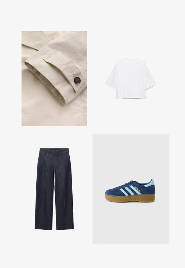 Tissu beige clair avec une texture lisse. Présente un revers plié avec un bouton et des coutures contrastantes, enrichissant le détail du design.; T-shirt blanc à manches courtes, coupe carrée, en coton doux. Présente un col rond et des manches larges, avec un design épuré et simple.; Pantalons large en denim bleu sombre avec des coutures frontales et une taille standard. Présente des coutures orange et une longueur cropped.; Baskets en daim bleu marine avec des rayures bleu clair, bout rond et semelle en caoutchouc gomme. Logo doré "Spezial" sur le côté, design classique d'Adidas.