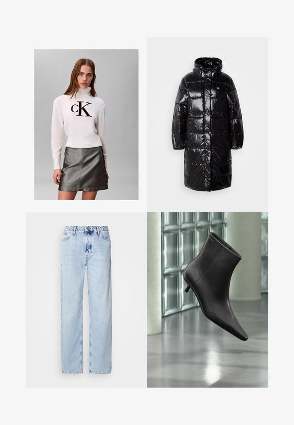 Abrigo acolchado negro con un exterior brillante, capucha y bolsillos frontales. Presenta un diseño acolchado y un parche de logo en la parte superior izquierda del pecho.; Mujer joven con un suéter blanco de cuello alto con el logo negro de "CK" y una falda de cuero metálica gris oscuro, posando frente a un fondo liso.; Jeans de pierna ancha en azul claro, confeccionados en denim, con una cintura alta, un lavado desgastado y un sutil patrón de tie-dye en la parte delantera.; Bota de cuero negro para el tobillo con puntera puntiaguda y tacón pequeño, exhibida frente a una pared de bloques de vidrio y un suelo pulido.