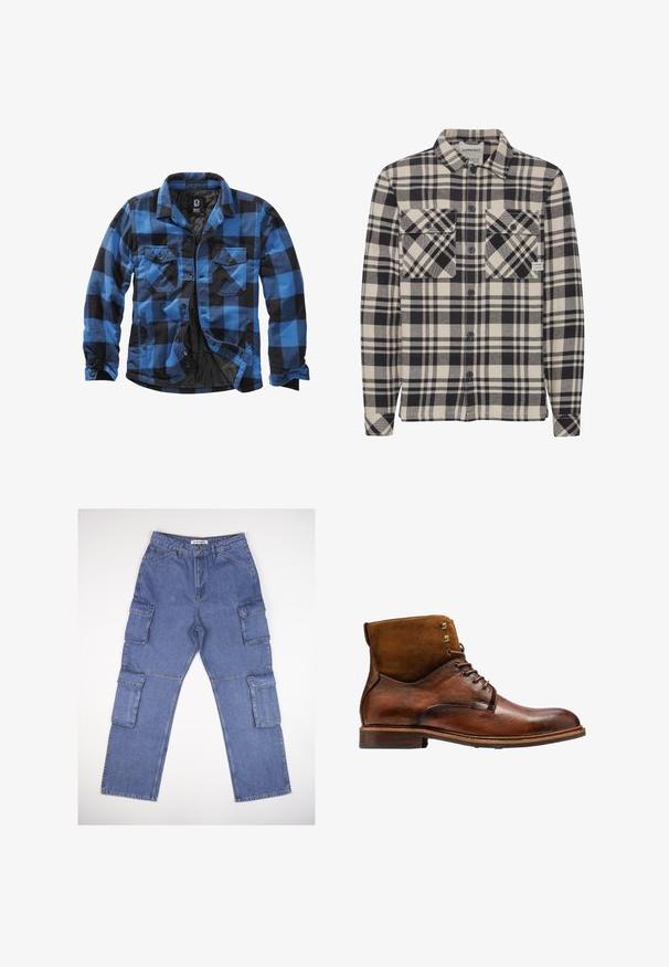 Flanellen shirt met een blauw-zwart geruit patroon, lange mouwen, knoopsluiting en twee borstzakken. Gevoerde binnenkant.; Zwart en crèmekleurig geruit shirt van flanel; met een knoopsluiting aan de voorkant, twee borstzakken en een kraag. Gelaagde stof.; Blauwe denim cargobroek met meerdere zijzakken, een rechte pasvorm en een klassieke tailleband. De stof heeft een lichte textuur en vervaging.; Kazar ALID - Veterboots - brown