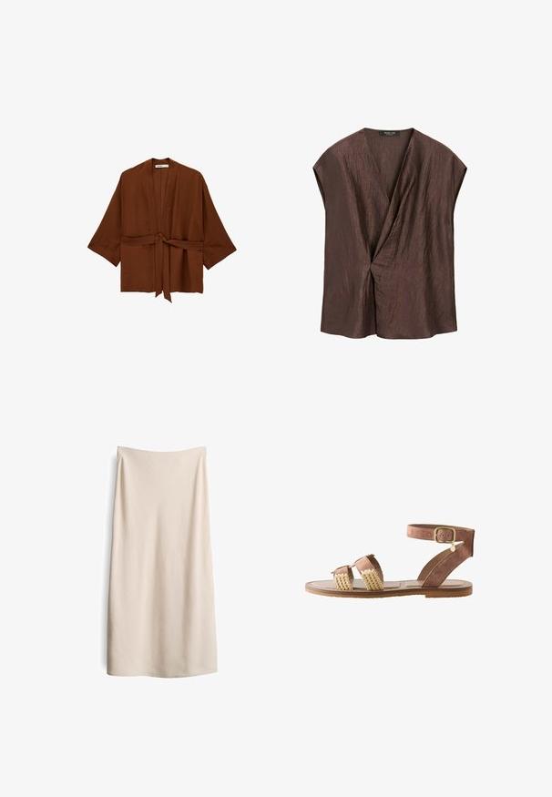 Bruine kimono-stijl jas met brede mouwen en een ceintuur die in de taille gestrikt wordt, gemaakt van lichtgewicht gestructureerde stof.; Bruine gestructureerde korte mouwen blouse met een diepe V-hals en gedraaide voorkant detail, weergegeven op een witte achtergrond.; Beige, knielange rok met een gladde textuur en een rechte snit. Geen zichtbare naden of sluitingen, met een schoon, minimalistisch ontwerp.; Bruine platte sandaal met twee gevlochten bandjes aan de voorkant, enkelbandje met gouden gesp en gevoerde zool.