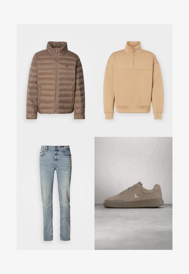 Braune gepolsterte Jacke mit hohem Kragen, horizontalem Steppdesign, Frontreißverschluss und Seitentaschen. Mit einem Logo auf der Brust.; Beige Sweatshirt mit halbem Reißverschluss, hohem Kragen, langen Ärmeln, gerippten Bündchen und Saum sowie dezentem Markenlogo auf der Brust.; Hellblaue Jeans aus Denim. Besitzen eine Slim-Fit-Passform, eine ausgewaschene Textur und leichte Verwaschungen nahe dem rechten Knie. Standard-Taille mit Knopf.; Beiger Veloursledersneaker mit Schnürsenkeln und "ck"-Logo, schwebend über einem polierten Betonboden vor einer Wand aus Glasklötzen dargestellt.