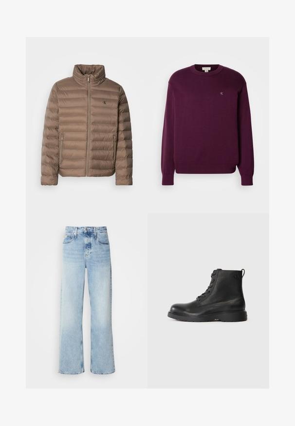 Braune gepolsterte Jacke mit hohem Kragen, horizontalem Steppdesign, Frontreißverschluss und Seitentaschen. Mit einem Logo auf der Brust.; Lila Strickpullover mit langen Ärmeln, rundem Ausschnitt, geripptem Saum und Bündchen, mit kleinem CK-Logo auf der Brust. Glatte Textur.; Helle blaue weite Jeans mit hoher Taille, in verwaschenem Finish, mit Gürtelschlaufen und klassischem Fünf-Taschen-Design. Der Saum ist ungesäumt.; Schwarze Knöchelstiefel aus strukturiertem Leder mit runder Spitze, Schnürdesign und einer robusten schwarzen Gummisohle. Verfügt über eine Schlaufe an der Ferse.