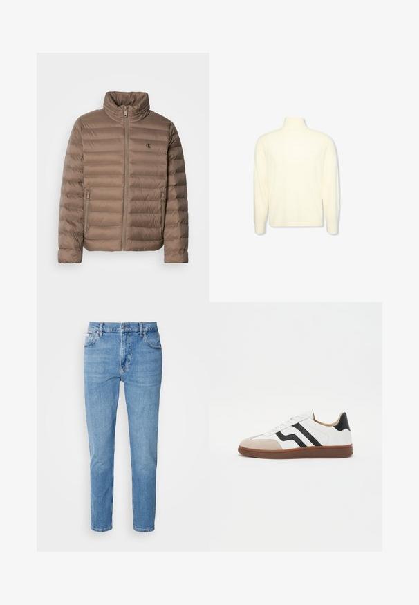 Brun polstret jakke med høj krave, horisontal quiltet design, lynlås foran og sidelommer. Har et logo på brystet.; Kremfarvet langærmet højhalset sweater med ribbet manchetter og et diskret logo på brystet, vist på en ensfarvet hvid baggrund.; Lys blå denim jeans med lige snit, fem-lomme design og subtilt slid. Har knaplukning og bæltestropper.; Hvid sneaker med sorte stribeakcenter, ruskind toe cap og brun gummi sål. Glat læderoverdel med et rundet design.