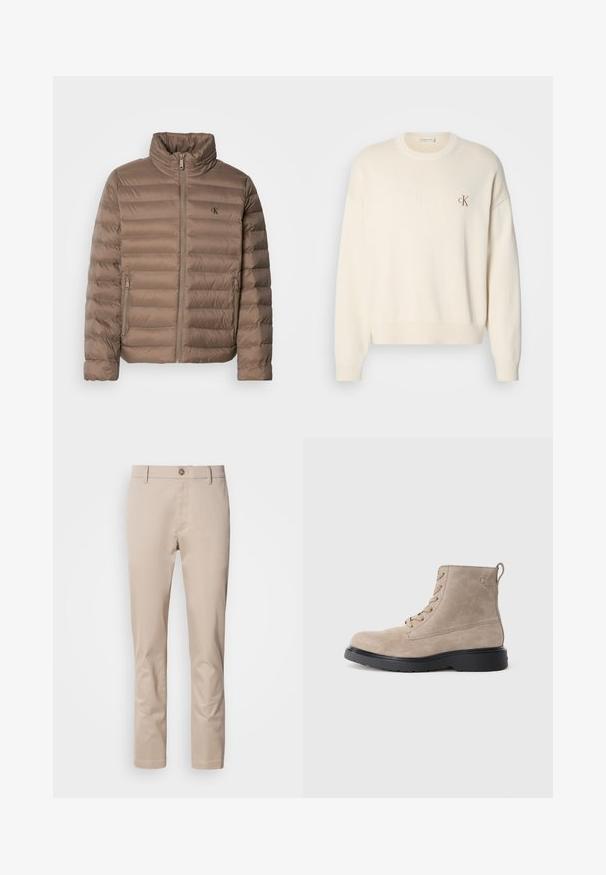 Veste rembourrée marron avec un col montant, design matelassé horizontal, fermeture éclair à l'avant et poches latérales. Caractérisée par un logo sur la poitrine.; Pull en tricot couleur crème avec une texture côtelée, col rond et épaules tombantes. Présente un petit logo brodé marron sur la poitrine.; Chinos en coton beige avec une coupe droite, passants de ceinture, un unique bouton frontal et une surface lisse, sans texture. Aucune poche n'est visible.; Bottines en daim beige avec semelle en caoutchouc noir, design à lacets, et un petit logo embossé sur le côté, avec une languette à l'arrière.
