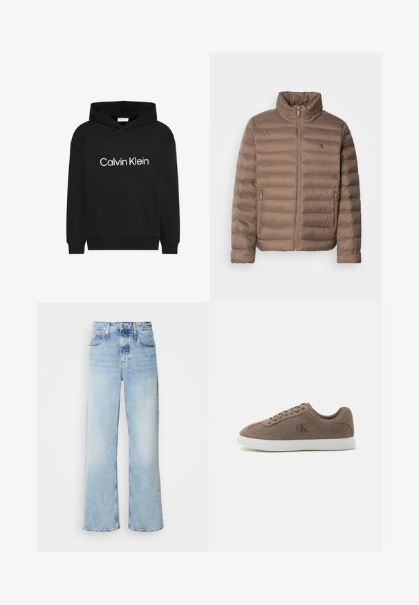Brun polstret jakke med høj krave, horisontal quiltet design, lynlås foran og sidelommer. Har et logo på brystet.; Sort hættetrøje med frontlomme og hvidt "Calvin Klein"-logo centreret på brystet, med snøretrækshætte og lange ærmer.; Lysblå vide jeans med høj talje, der har en falmet finish, bæltestropper og klassisk fem-lomme design. Kantene er rå.; Taupe ruskind lavtop sneaker med beige snørebånd, hvid gummisål og subtil "cK" logo på siden.
