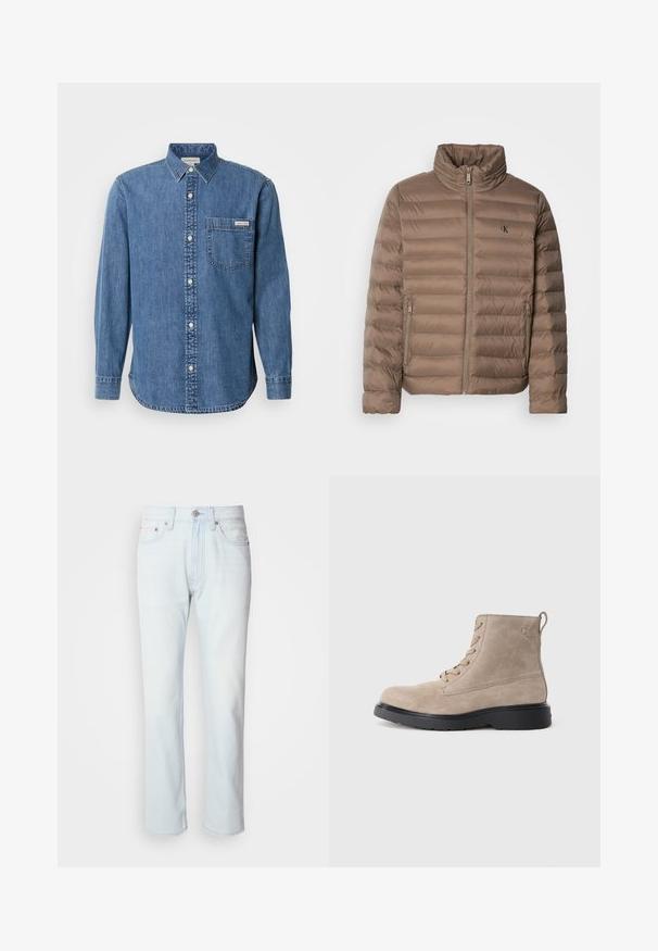 Braune gepolsterte Jacke mit hohem Kragen, horizontalem Steppdesign, Frontreißverschluss und Seitentaschen. Mit einem Logo auf der Brust.; Jeanshemd in Mittelblau mit Button-Down-Kragen, langen Ärmeln, Brusttasche und weißen Knöpfen. Verfügt über einen leicht gebogenen Saum.; Hellblaue Jeans mit geradem Bein. Verfügt über einen Knopfverschluss und Gürtelschlaufen, präsentiert eine ausgebleichte Textur und minimale Nähte.; Beige Wildleder-Ankle Boots mit schwarzer Gummisohle, Schnürdesign und kleinem, seitlich eingeprägtem Logo, ausgestattet mit einer Zuglasche am Hinterkopf.
