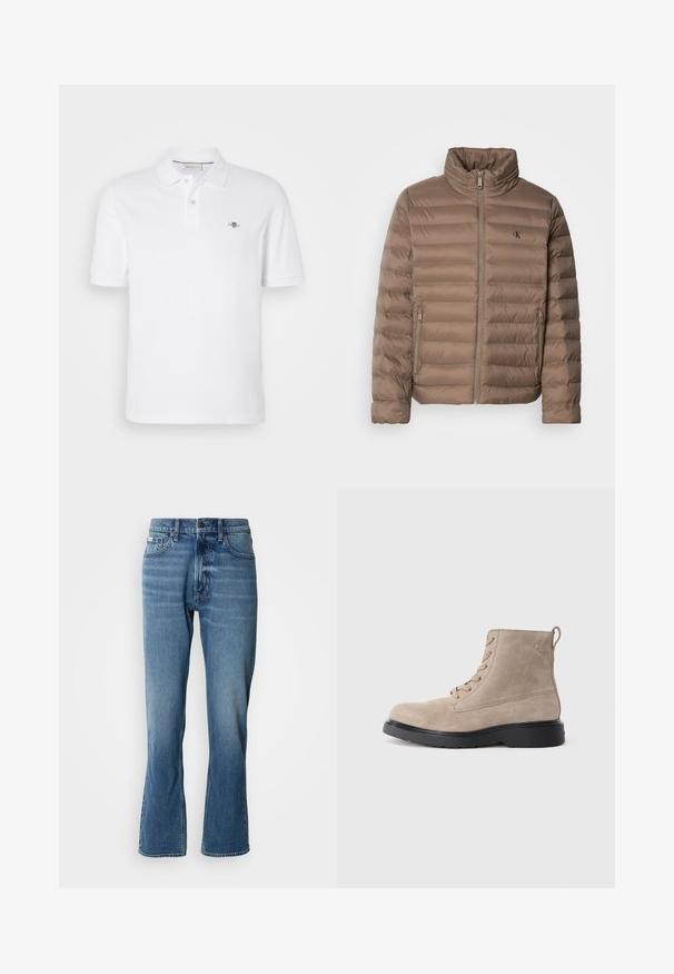 Veste rembourrée marron avec un col montant, design matelassé horizontal, fermeture éclair à l'avant et poches latérales. Caractérisée par un logo sur la poitrine.; Polo-shirt blanc en coton, doté d'un col classique, de manches courtes et d'un petit logo brodé sur la poitrine gauche.; Jeans en denim bleu clair avec une coupe droite et une légère évasée. Comprend cinq poches, une fermeture à bouton et des détails de décoloration subtils.; Bottines en daim beige avec semelle en caoutchouc noir, design à lacets, et un petit logo embossé sur le côté, avec une languette à l'arrière.
