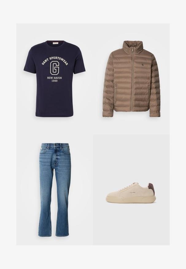 Bruine gewatteerde jas met een hoge nek, horizontaal quilt design, vooraan een ritssluiting en zijzakken. Heeft een logo op de borst.; Marineblauw katoenen T-shirt met een witte opdruk van "GANT SPORTSWEAR," "NEW HAVEN," en "1949." Ronde halslijn en korte mouwen.; Lichtblauwe denim jeans met een rechte snit en een lichte flare. Beschikt over vijf zakken, een knoopsluiting en subtiele wassingdetails.; Beige suède sneakers met een ronde neus, vetersluiting aan de voorkant en een bruine suède accent op de hiel. Beschikt over een gestructureerde rubberen zool.