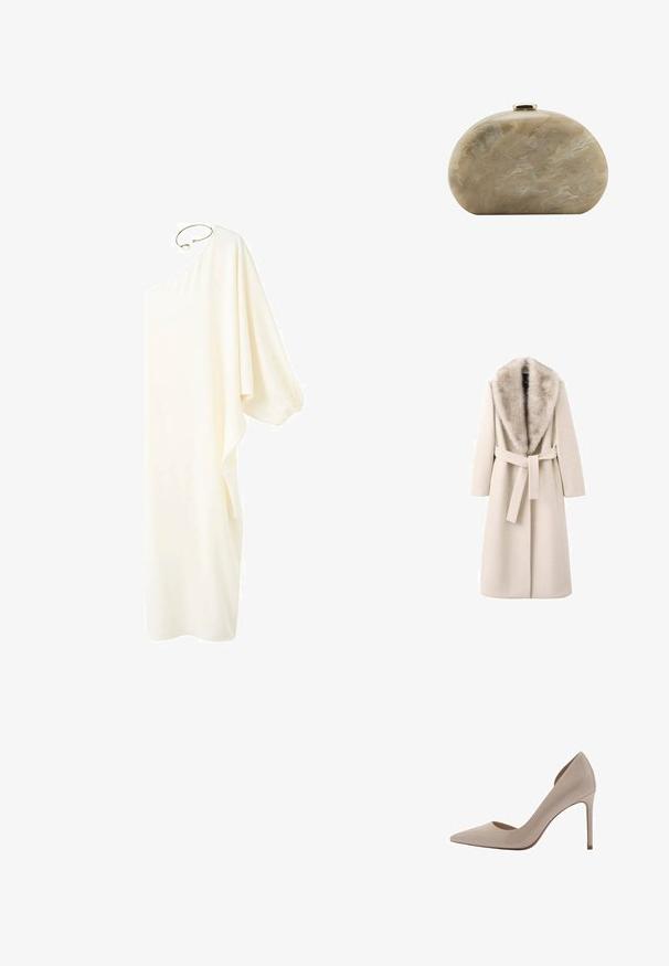 Beige jas met een bontkraag, lange mouwen en een ceintuur in de taille. Gemaakt van zacht materiaal met een gladde textuur, heeft een rechte snit.; Roomkleurige midi-jurk met één schouder, een losse, volumineuze lange mouw en een gerimpelde manchet, hangend aan een gouden hanger.; Beige lakleren high-heeled pumps met een spitse neus, ondiepe uitsnijdingen aan de zijkanten en een slanke hak. Gladde textuur met een glanzende afwerking.; Kleine beige marmeren harde schaal clutch tas met afgeronde vorm en gouden sluiting bovenop.