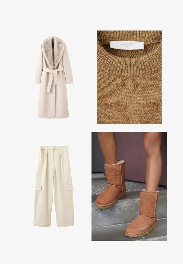 Manteau beige avec col en fourrure, manches longues et taille ceinturée. Fabriqué en matériau doux à texture lisse, présente une coupe droite.; Pull marron tricoté avec encolure ronde côtelée et étiquette blanche portant la mention "MANGO HOME" à l'intérieur du col.; Pantalon cargo beige à jambes larges avec passants pour ceinture, plis avant, poches à rabat latérales et coupe ample et longue.; Bottines en suede marron, à bout rond, avec une doublure douce et une semelle en caoutchouc, présentant des détails de couture visibles le long des coutures.
