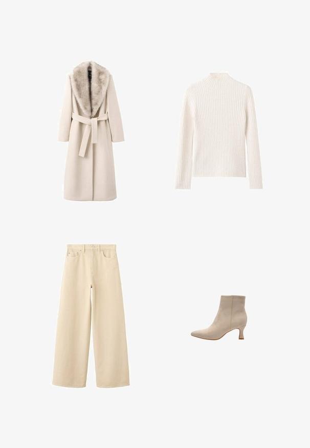 Beige frakke med pelskrave, lange ærmer og bælte i taljen. Fremstillet af blødt materiale med en glat tekstur, har en lige snit.; Ribstrikket rullekravesweater i off-white, lavet af blødt strikstof. Har lange ærmer og en tætsiddende silhuet.; Beige jeans med brede ben lavet af bomuld med en glat tekstur. Har to forlommer og to baglommer, afsluttet med sølvfarvet hardware.; Salinyang SALINYANG - Støvletter - natur