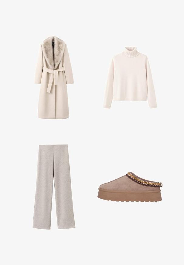 Beige jas met een bontkraag, lange mouwen en een ceintuur in de taille. Gemaakt van zacht materiaal met een gladde textuur, heeft een rechte snit.; Lichtroze coltrui van zacht gebreid materiaal, met ribbelkraag en -manchetten, in een ontspannen pasvorm en minimalistisch ontwerp.; Lichtgrijze wijde broekspijpen gemaakt van zachte stof. Heeft een gladde textuur en een eenvoudig, onopgesmukt ontwerp zonder zakken of bevestigingen.; Bruine suède instap schoen met een dikke, gestructureerde zool, die intrigerende gele en bruine borduursels langs de bovenrand vertoont.