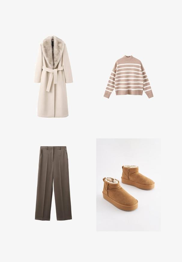 Beige frakke med pelskrave, lange ærmer og bælte i taljen. Fremstillet af blødt materiale med en glat tekstur, har en lige snit.; Beige stribet sweater med hvide vandrette striber, der har en ribbet høj halsudskæring og brede ærmer, lavet af blødt strikstof.; Bukser med vide ben i et afdæmpet brunt stof med en glat tekstur, der har to forlommer og en skræddersyet linning.; Lysebrune ankelstøvler i ruskind med imiteret pelsforing, flad platformssål og lynlås i siden for nem påtagning. Har rundet tå og minimal syning.
