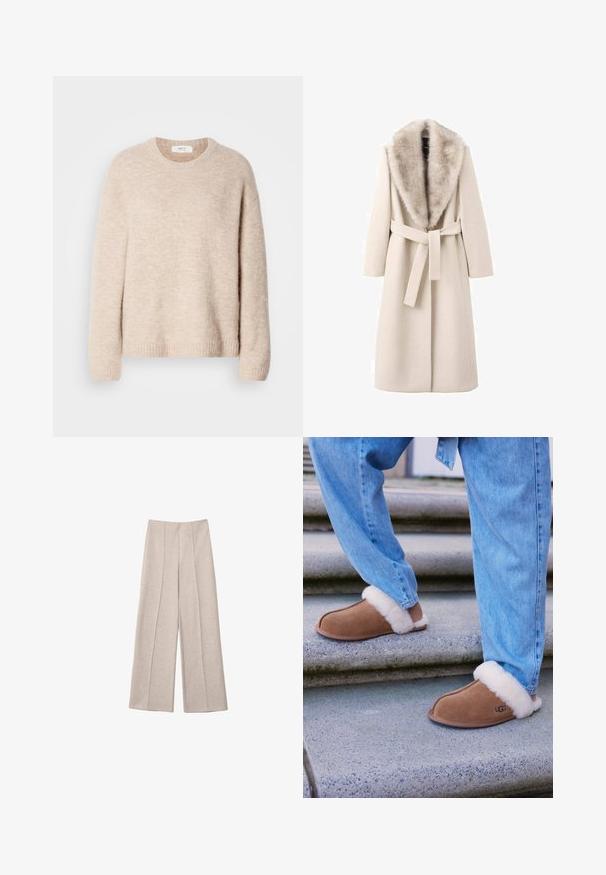 Manteau beige avec col en fourrure, manches longues et taille ceinturée. Fabriqué en matériau doux à texture lisse, présente une coupe droite.; Pull en maille beige avec col rond, manches longues et ourlet côtelé. Tissu doux et texturé avec une coupe décontractée.; Pantalons larges beiges en tissu doux, avec des plis avant marqués et une taille haute cintrée, sans poches visibles.; Chaussons en daim marron avec doublure en fourrure blanche, bout arrondi et semelle en caoutchouc, associés à un jean en denim bleu sur des marches en granite.
