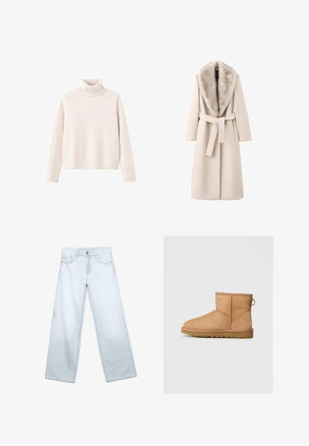 Manteau beige avec col en fourrure, manches longues et taille ceinturée. Fabriqué en matériau doux à texture lisse, présente une coupe droite.; Pull à col roulé rose clair en tissu tricoté doux, doté d'un col et de poignets côtelés, avec une coupe décontractée et un design minimaliste.; Jean large à jambes larges bleu clair avec poches frontales, passants de ceinture et fermeture par bouton sur fond blanc.; Bottines en suède beige avec bout rond, détails cousus, tirant à l'arrière et semelle en caoutchouc texturé. Conçues pour le confort et la chaleur.