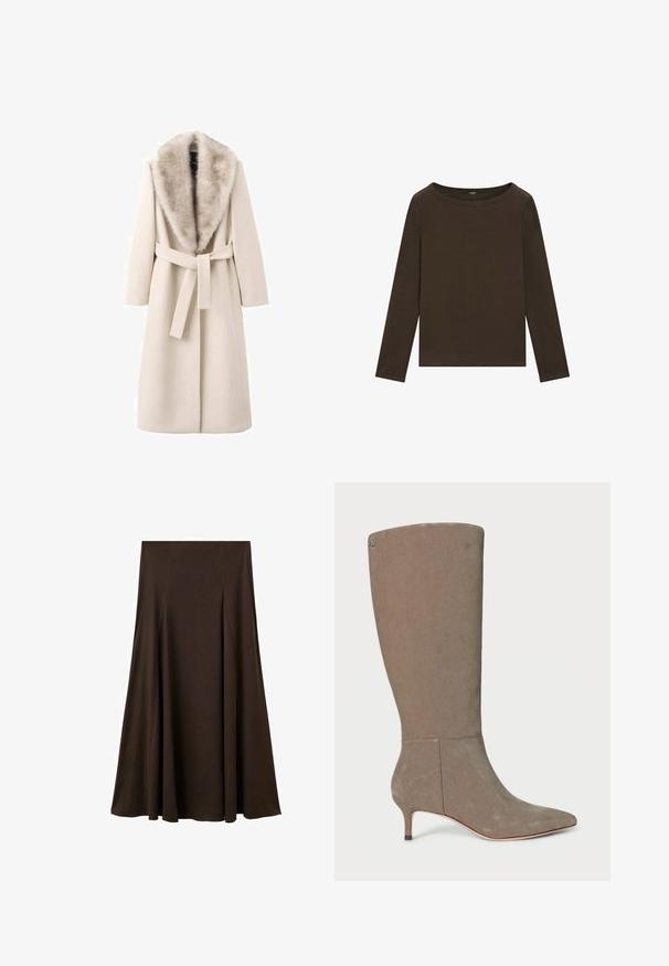 Beige frakke med pelskrave, lange ærmer og bælte i taljen. Fremstillet af blødt materiale med en glat tekstur, har en lige snit.; Langærmet mørkebrun t-shirt med rund hals, enkel og ensfarvet uden synlige mønstre eller logoer.; Brun, gulvlængde nederdel lavet af blødt, glat stof. Har subtile plisseringer, et simpelt design og en elastisk talje for komfort.; Knæhøj grå ruskindstøvle med spids tå og lav hæl, der har et rent design og subtile lodrette sømdetaljer.