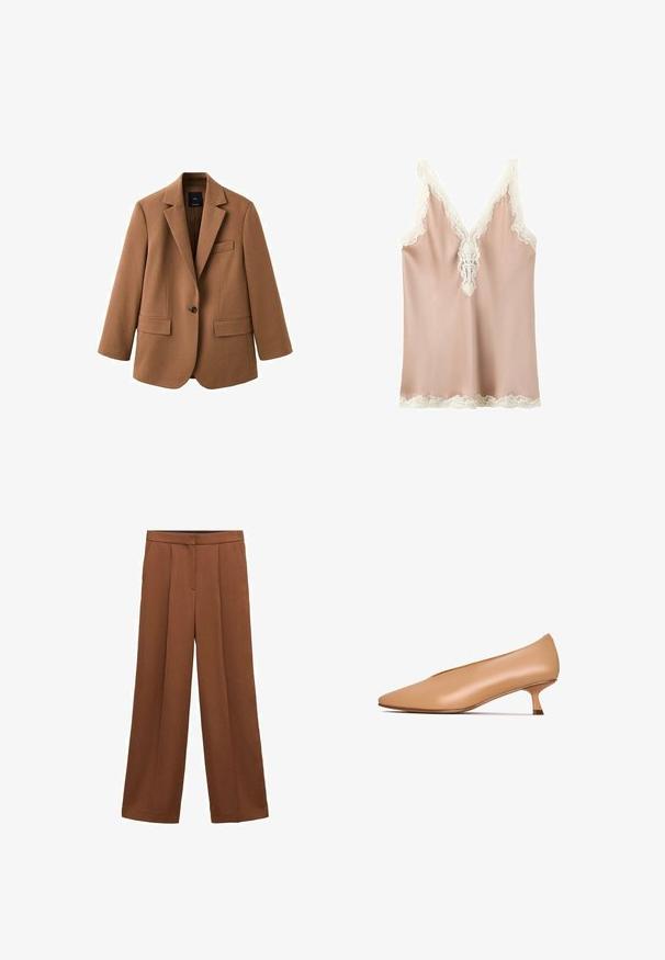 Brauner maßgeschneiderter Blazer mit Reverskragen, Ein-Knopf-Verschluss, zwei vorderen Taschen und einer schlanken, strukturierten Silhouette.; Hellrosa Satin-Camisole mit tiefem V-Ausschnitt und weißer Spitzenverzierung am Ausschnitt, an den Schultern und am Saum.; Hochgeschnittene braune, weit geschnittene Hose mit Bügelfalten vorne und Seitentaschen, ausgestattet mit einem verdeckten Reißverschluss vorne und einem Bundverschluss.; Nudefarbene Lederpumps mit spitzer Zehenpartie, niedrigem Kittenheel und glatter Textur. Minimalistisches Design ohne sichtbare Muster oder Hardware-Details.