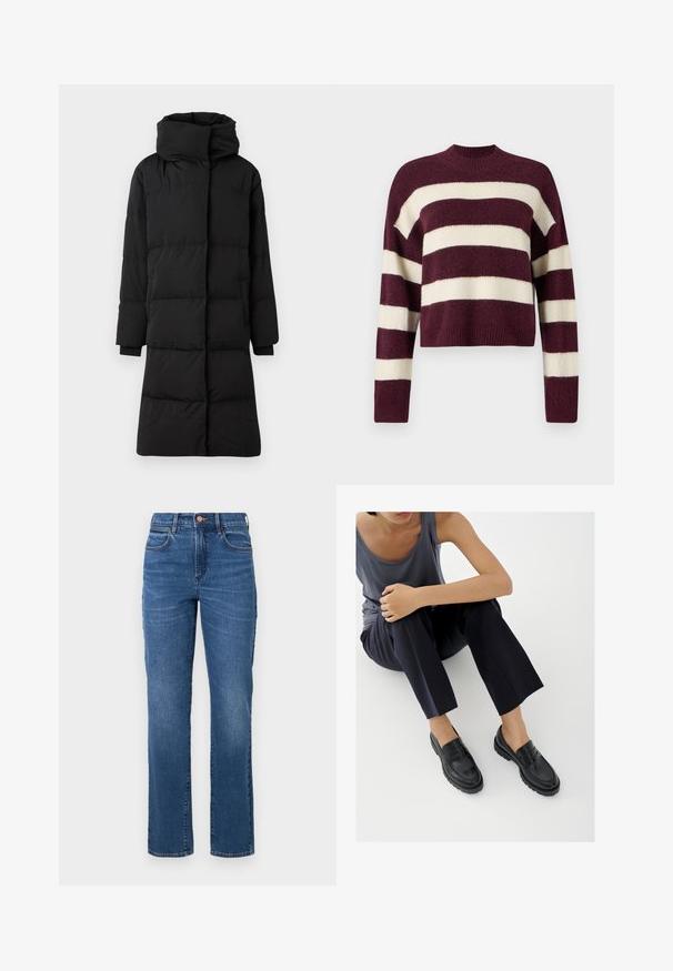 Mustmustööp, pikk disain kõrge kraega, tikitud tekstuur, tõmblukuga taskud ja elastsed varrukad. Sile kanga viimistlus.; Vero Moda Knitted VMINEZ Knitted - Džemper - winetasting/birch; Sinine teksapüksid, sirge lõikega, kõrge vöökoht, viie taskuga ja minimaalse õmblusega. Kangas on kergelt kulunud tekstuuriga.; Mustad nahast loafersid tekstureeritud detailidega, madala kontsaga, ümmarguse varbaosaga ja nähtava õmblustega. Modell kannab tumedaid pükse ja halli t-särki.