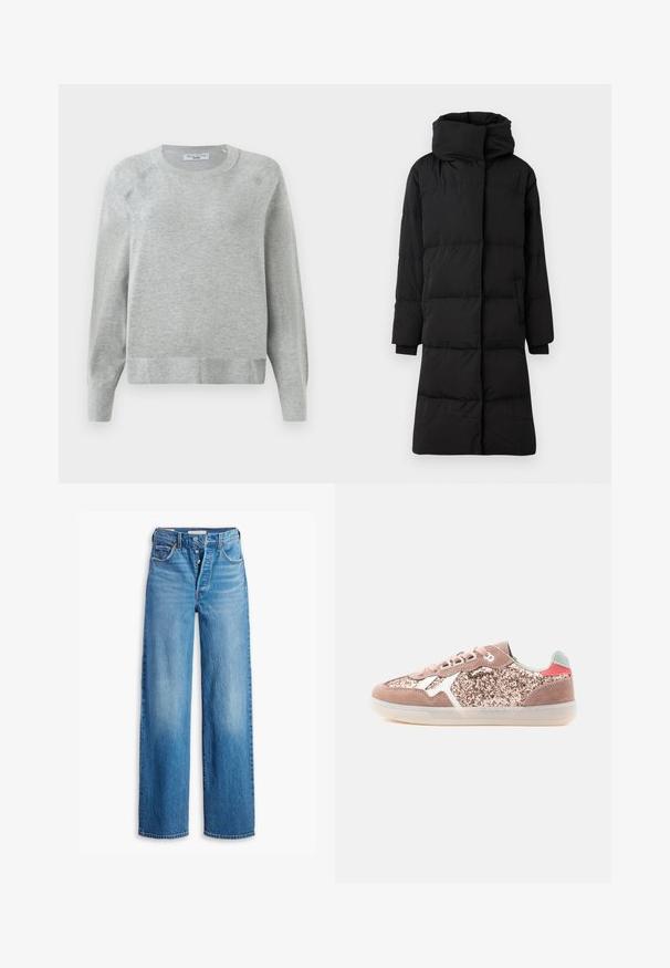 Čierna puffová bunda, dlhý strih s vysokým golierom, prešívaná textúra, zipsové vrecká a elastické manžety. Hladký povrch textílie.; Svetlošedý crewneck sveter s dlhými rukávmi, rebrovanými manžetami a lemom, vyrobený z jemného materiálu s jemnou textúrou po celom povrchu.; Modré džíny z denimovej látky s vysokým pásom, širokým strihom a piatimi vreckami. Obsahujú gombíkový zips a sú so zrenovovaným povrchom.; Nízkopríjmová teniska s vrchnou časťou v ružovom trblietavom prevedení, svetloružovými semišovými detailmi, bielymi akcentmi a priehľadnou gumovou podrážkou na bielom pozadí.