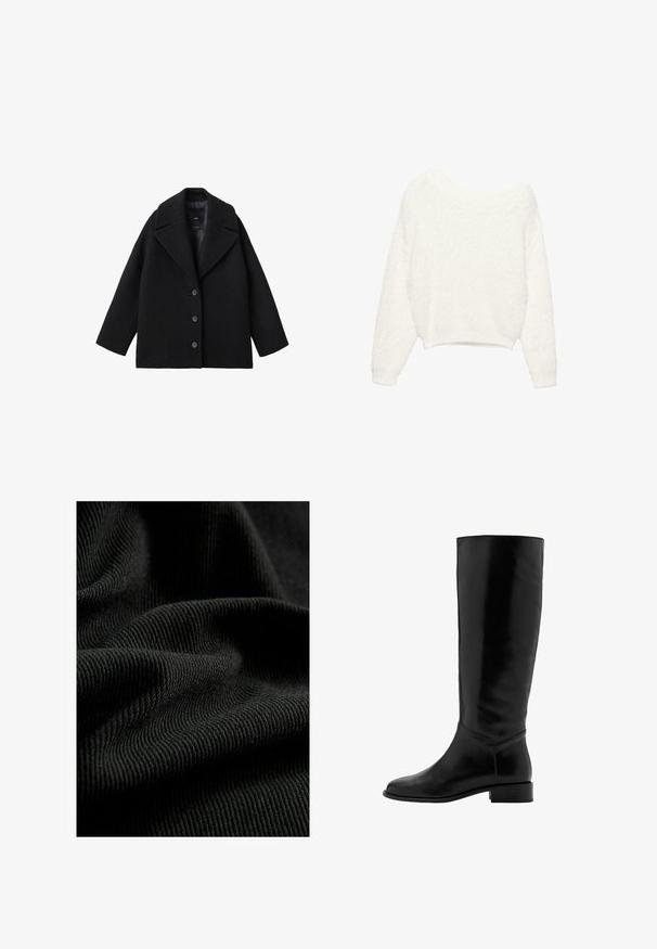 Manteau oversize en mélange de laine noir avec larges revers et trois boutons à l'avant, présenté sur un fond blanc.; Pull blanc duveteux à manches longues avec un large col bateau et un ourlet légèrement raccourci.; Tissu noir côtelé avec une surface texturée, mettant en valeur des plis et des courbes subtiles. Le matériau semble léger et flexible.; Botte noire en cuir, montante jusqu'au genou, avec une texture lisse, un bout rond, un petit talon et un design minimaliste. Elle présente une tige ajustée et des accents cousus.
