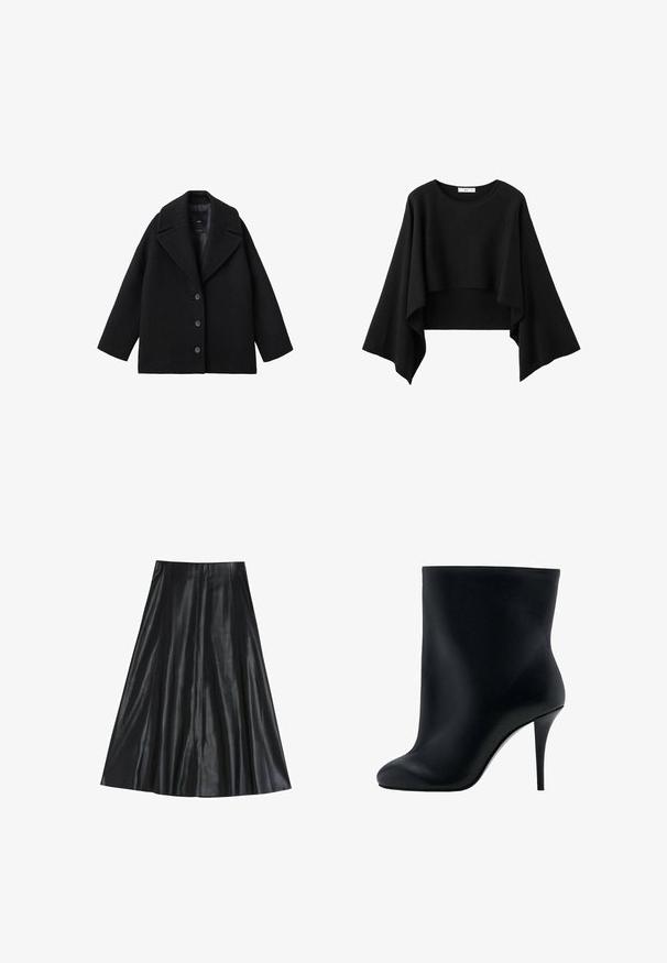 Zwarte wolmix oversized jas met brede revers en drie knopen aan de voorkant, gepresenteerd op een witte achtergrond.; Zwart cropped top met wijde, vloeiende lange mouwen en een ronde halslijn, gemaakt van zachte stof.; Zwarte leren midi-rok met een uitlopende vorm, met een gladde textuur en een geplooid ontwerp voor extra volume. Geen zichtbare hardware of accenten.; Zwarte enkellaars gemaakt van glad synthetisch materiaal met een aansluitend ontwerp, een ronde neus en een hoge stilettohak voor extra hoogte.