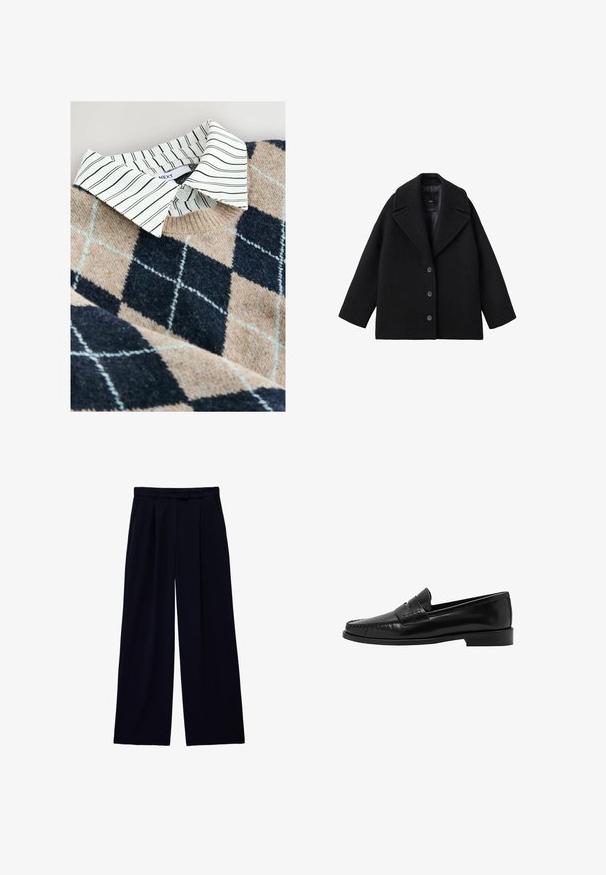 Manteau oversize en mélange de laine noir avec larges revers et trois boutons à l'avant, présenté sur un fond blanc.; Pull en tricot avec un motif argyle beige et marine, accompagné d'une chemise coll classique à rayures blanches en dessous et d'un matériau texturé et doux.; Pantalon noir à jambes larges avec plis, passants pour ceinture et fermeture avant dissimulée.; Mango Chaussons - black