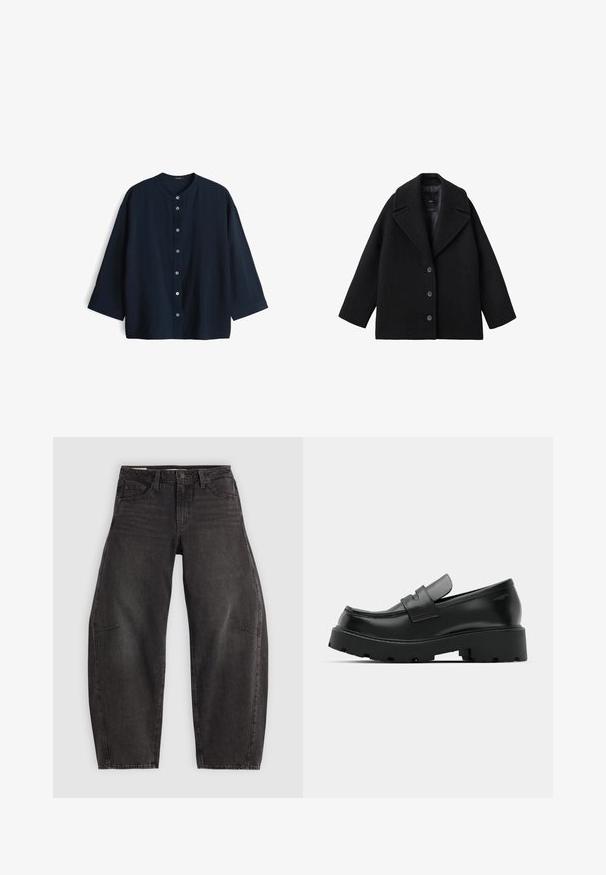 Schwarzer Wollmischung Oversized-Mantel mit breiten Revers und drei vorderen Knöpfen, vor einem weißen Hintergrund präsentiert.; Marineblaue, leichte Bluse mit Rundhalsausschnitt, Dreiviertelärmeln und sieben Knöpfen vorne. Glatte Textur und lockere Passform.; Schwarze Denim-Jeans mit Relaxed Fit, ausgestattet mit fünf Taschen, einem Knopfverschluss und subtilen Verblassungen. Der Stoff hat eine glatte, robuste Textur.; Schwarze Leder-Loafers mit einer chunky strukturierten Sohle, ausgestattet mit einem Riemen über dem Spann und einer glatten, polierten Oberfläche.