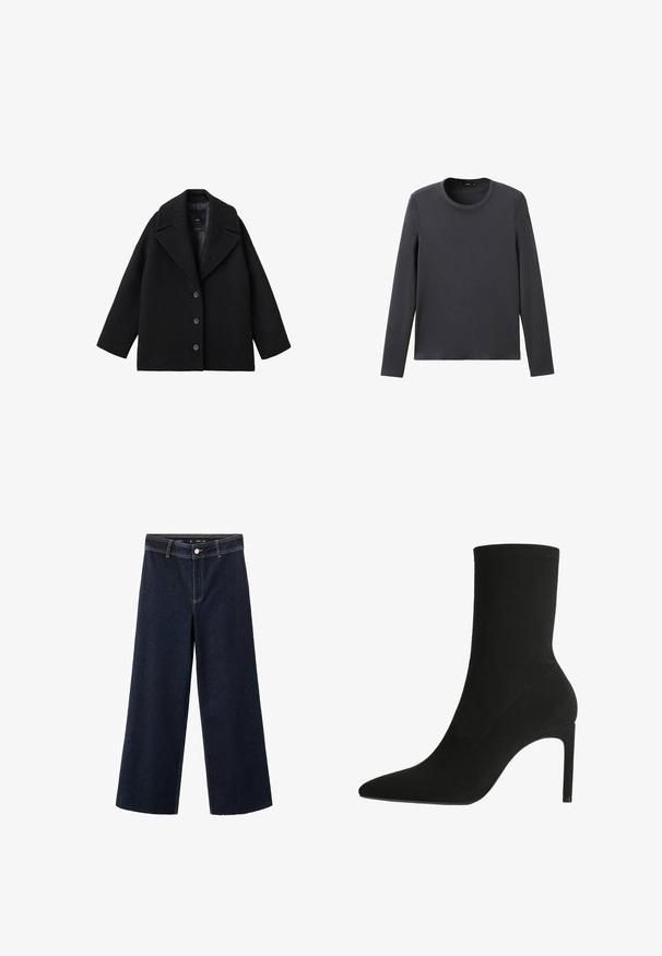 Manteau oversize en mélange de laine noir avec larges revers et trois boutons à l'avant, présenté sur un fond blanc.; Chemise à manches longues gris foncé, col rond, fabriquée en mélange de coton doux, avec un design simple sans motifs ni accents.; Jean denim large coupe droite bleu foncé avec passants pour ceinture, fermeture avant par boutons, et coutures contrastées.; Bottine noire en suede doux, avec un bout pointu et un talon aiguille haut. Design minimaliste sans matériel ou motifs visibles.