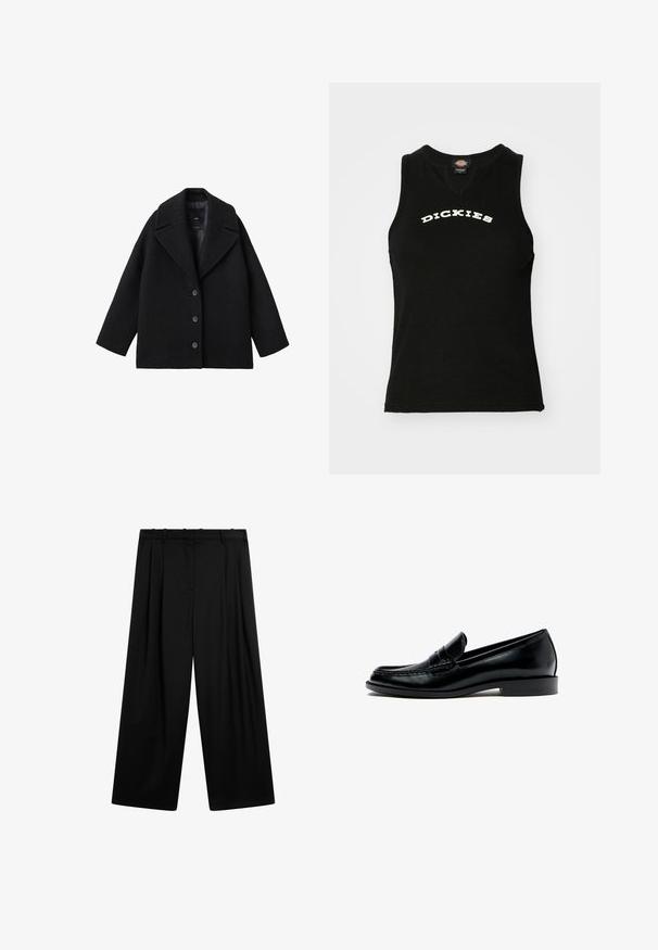 Manteau oversize en mélange de laine noir avec larges revers et trois boutons à l'avant, présenté sur un fond blanc.; Débardeur noir sans manches avec une texture côtelée, arborant un logo blanc en courbe "DICKIES" sur la poitrine et un design en V.; Pantalon noir à jambes larges avec plis avant, passants de ceinture et une ceinture plate, présenté sur un fond blanc.; Mocassin penny en cuir noir avec talon bas, bout arrondi et surpiqûres visibles le long du bord supérieur, présenté de profil sur fond blanc.