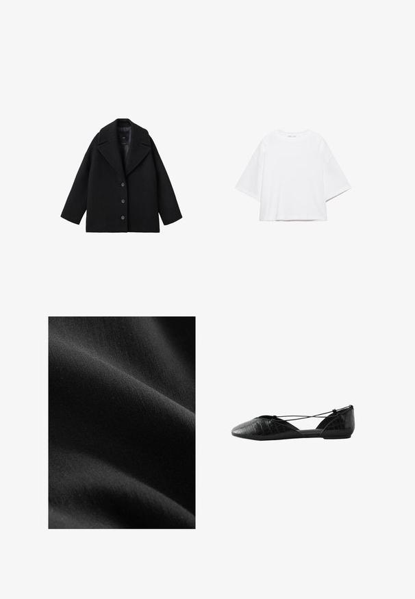 Manteau oversize en mélange de laine noir avec larges revers et trois boutons à l'avant, présenté sur un fond blanc.; T-shirt blanc à manches courtes, coupe carrée, en coton doux. Présente un col rond et des manches larges, avec un design épuré et simple.; Tissu noir avec une texture lisse et mate, montrant des variations subtiles d'ombre et de fibres, drapé pour révéler des courbes douces et de la profondeur.; Chaussure plate noire à texture crocodile, bout pointu, côtés ouverts et fines brides croisées à la cheville, présentée sur fond blanc.