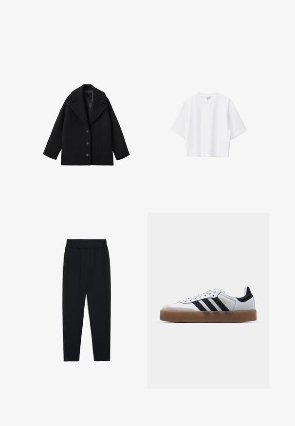 Schwarzer Wollmischung Oversized-Mantel mit breiten Revers und drei vorderen Knöpfen, vor einem weißen Hintergrund präsentiert.; Weißes, kurz geschnittenes T-Shirt aus weicher Baumwolle mit Rundhalsausschnitt, kurzen Ärmeln und lockerer Passform. Einfaches und vielseitiges Design.; Schwarze Jogginghosen aus weichem Stoff, mit einem dehnbaren Bund, Seitentaschen und schmalen Beinen für eine taillierte Optik.; Weiße Leder Sneakers mit schwarzen Streifen, Gummigummi-Außensohle, runder Zehenform, Schnürverschluss und weichem grauem Wildleder-Zehenkappe.