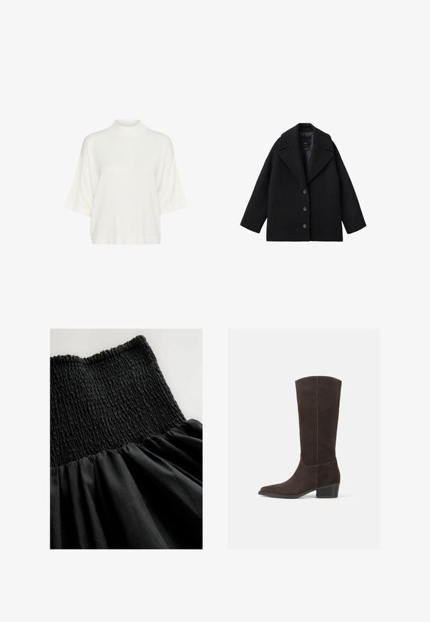 Manteau oversize en mélange de laine noir avec larges revers et trois boutons à l'avant, présenté sur un fond blanc.; Haut blanc à col montant et manches courtes, en tissu doux, présentant une coupe décontractée et une texture lisse, sans motifs ni accents visibles.; Robe noire avec un corsage smocké et une jupe fluide et froncée. Le tissu a une texture lisse avec une légère brillance.; Bottine en daim marron foncé, montante jusqu'au genou, avec un bout carré, une texture lisse et un petit talon empilé, affichant un design minimaliste et des lignes épurées.