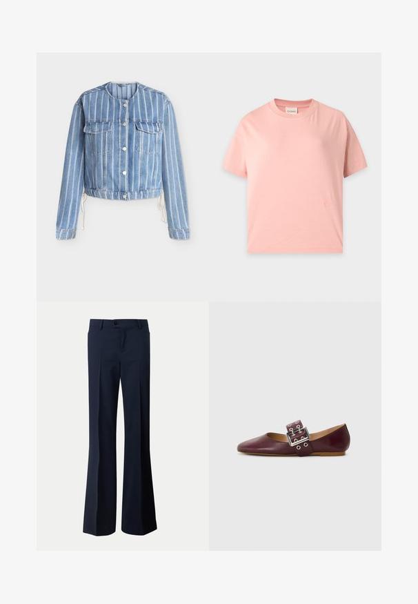Chaqueta de mezclilla azul claro con rayas blancas verticales, cuello redondo, cierre frontal con botones, bolsillos en el pecho y laterales con cordón ajustable.; Camiseta de manga corta rosa claro, con cuello redondo, corte recto y un pequeño logotipo bordado en tono cerca del bajo.; Pantalones de vestir azul marino con cierre de botón, trabillas para cinturón y corte recto de pierna ancha.; Bailarinas de cuero burdeos con punta afilada, tira ancha con hebilla plateada y múltiples agujeros, suela plana, textura suave.