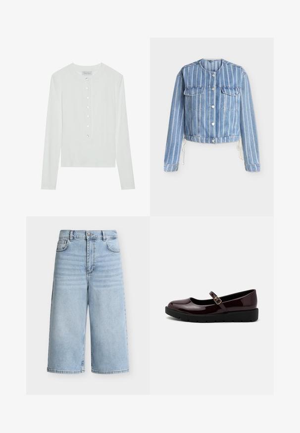 Lyseblå denimjakke med lodrette hvide striber, rund krave, forreste knaplukning, brystlommer og snøresider.; Hvid langærmet top lavet af ribbet stof, med en rund halsudskæring og en knaplukning foran med seks klare knapper.; Lyseblå denim bermudashorts med knap- og lynlåslukning foran, bæltestropper og design med fem lommer.; Glinsende burgunderfarvede Mary Jane-sko med en rund tå, justerbar spænde rem og en sort, tekstureret platformsål.