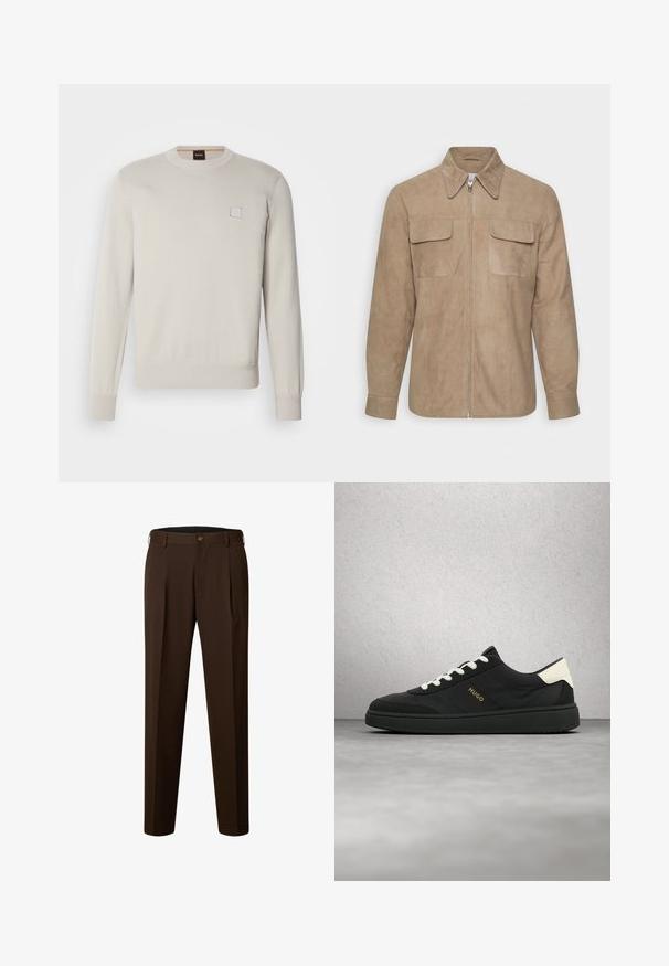 Deadwood STINGER - Leren jas - sand; Lichtbeige gebreide trui met lange mouwen, ronde halslijn, geribbelde onderkant en manchetten, voorzien van een klein rechthoekig logo op de borst.; Bruine op maat gemaakte broek met riemlussen, knoopsluiting aan de voorkant en een rechte pijp.; Zwarte sneaker met witte veters en hielstuk, "HUGO"-logo aan de zijkant, zwevend in de lucht tegen een grijze vloer en een achtergrond van glazen blokken.