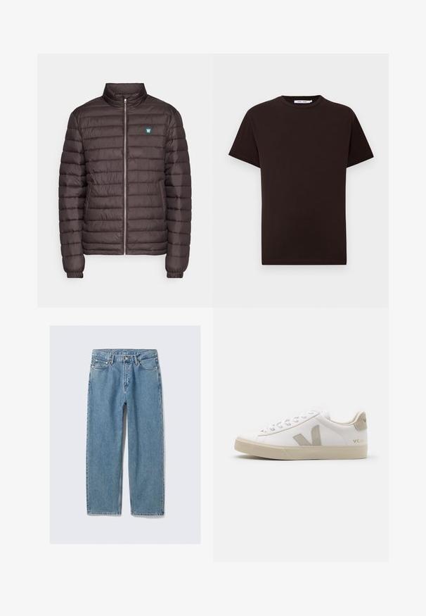 Brun pufferjakke med høj krave, lynlås lukning og et lille teal logo på venstre bryst; har vandret quiltet mønster.; Sort bomulds t-shirt med rund halsudskæring, korte ærmer og lige kant. Glat tekstur, afslappet design og uden synlige logoer eller mønstre.; Lyseblå jeans med lige ben, forlommer, bæltestropper og knaplukning på ensfarvet baggrund.; Hvide lædersneakers med beige detaljer, flad gummisål, rund tå og kontrasterende logo på siden og bagsiden. Snørebåndsdesign.