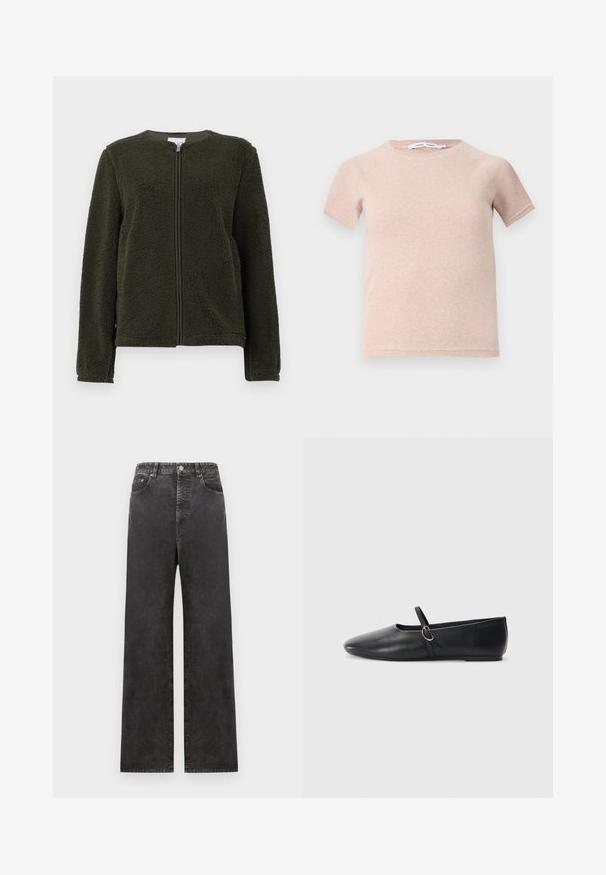 Veste en polaire vert foncé avec des manches longues, un col rond et une fermeture éclair à l'avant, présentée sur un fond blanc.; T-shirt à manches courtes rose clair en tissu côtelé, avec un col rond et une coupe décontractée. Design simple et sans couture.; Pantalons en denim noirs à jambe large avec une taille haute, dotés de poches avant, d'une fermeture boutonnée et d'une texture légèrement délavée.; Ballerines noires en cuir avec un bout pointu, une semelle plate et une petite sangle avec un détail de boucle en argent.
