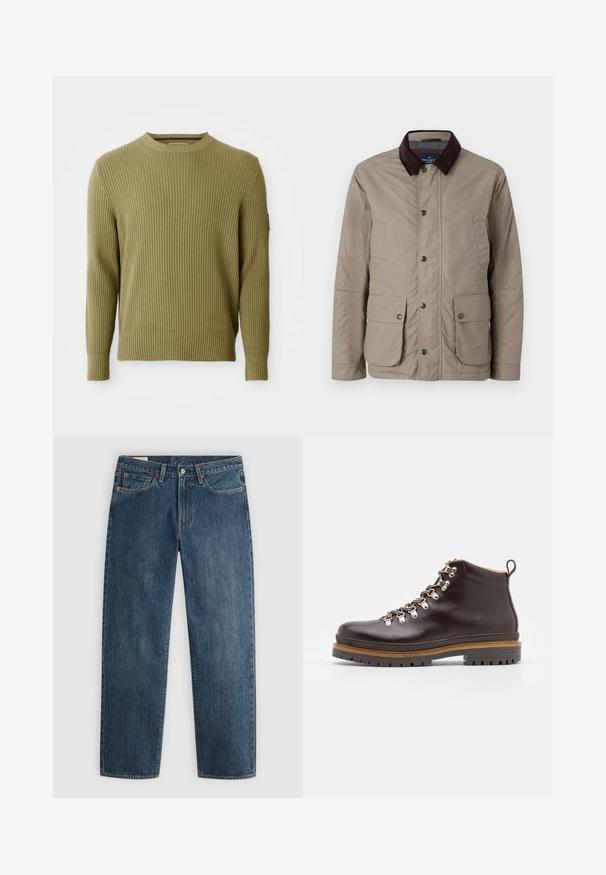 Hackett London VELO - Overgangsjakke - putty beige; Ribbet strikket olivengrøn langærmet crew neck sweater med tætsiddende manchetter og en lille patchdetalje på venstre ærme.; Mørkeblå denim jeans med lige pasform, fem lommer, synlige syninger og en metalknaplukning i taljen. Stof af medium vægt.; Zign by Zalando LEATHER - Snørestøvletter - brown