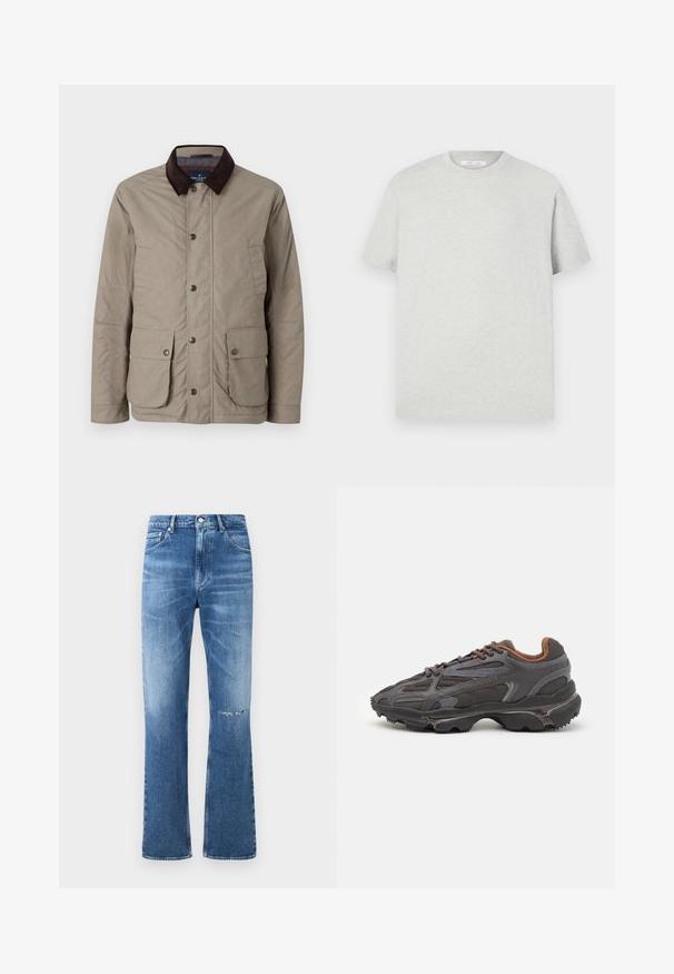Hackett London VELO - Chaqueta de entretiempo - putty beige; Camiseta de manga corta gris claro hecha de material suave, con cuello redondo y un corte relajado, sin patrones ni acentos visibles.; Jeans de mezclilla azul de corte acampanado con un lavado desgastado y detalles de rodillas desgastadas. Presentan cierre de botón y cremallera, diseño clásico de cinco bolsillos.; Zapatillas Lacoste en gris oscuro con material de malla y sintético, que cuentan con una suela texturizada y detalles en marrón en el cuello y la marca.