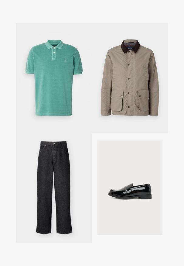 Hackett London VELO - Jas - putty beige; Polo shirt in teal, gemaakt van katoen met een klassieke kraag, een knoopsluiting met twee knopen en een klein logo aan de linkerkant van de borst.; Zwarte denim jeans met hoge taille en rechte pijpen, voorzien van een knoopsluiting en voorzakken, tentoongesteld tegen een effen lichte achtergrond.; Glanzende zwarte lakleren loafer met een lage hak en een banddetail over het bovendeel, zijaanzicht op een effen achtergrond.