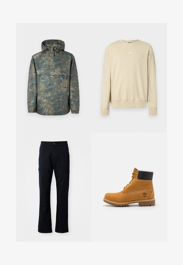 Leichtgewichtige Jacke mit Tarnmuster, Kapuze, halbem Reißverschluss vorne, elastischen Bündchen und verstellbaren Kordeln. Hergestellt aus wasserabweisendem Material.; Beige Sweatshirt mit langen Ärmeln, gerippten Bündchen und rundem Ausschnitt. Mit kleinem weißem Logo auf der Brust. Weiche Textur.; Dunkelblaue Hosen aus Baumwollmischung, mit geradem Schnitt, seitlichem Reißverschlussfach und subtilen Nähdetails.; Braune Leder-Ankle-Boots mit Metallösen, weißem Kunstfellfutter, schwarzem gepolstertem Kragen, robustem Sohlenprofil und geprägtem Logo an der Seite.